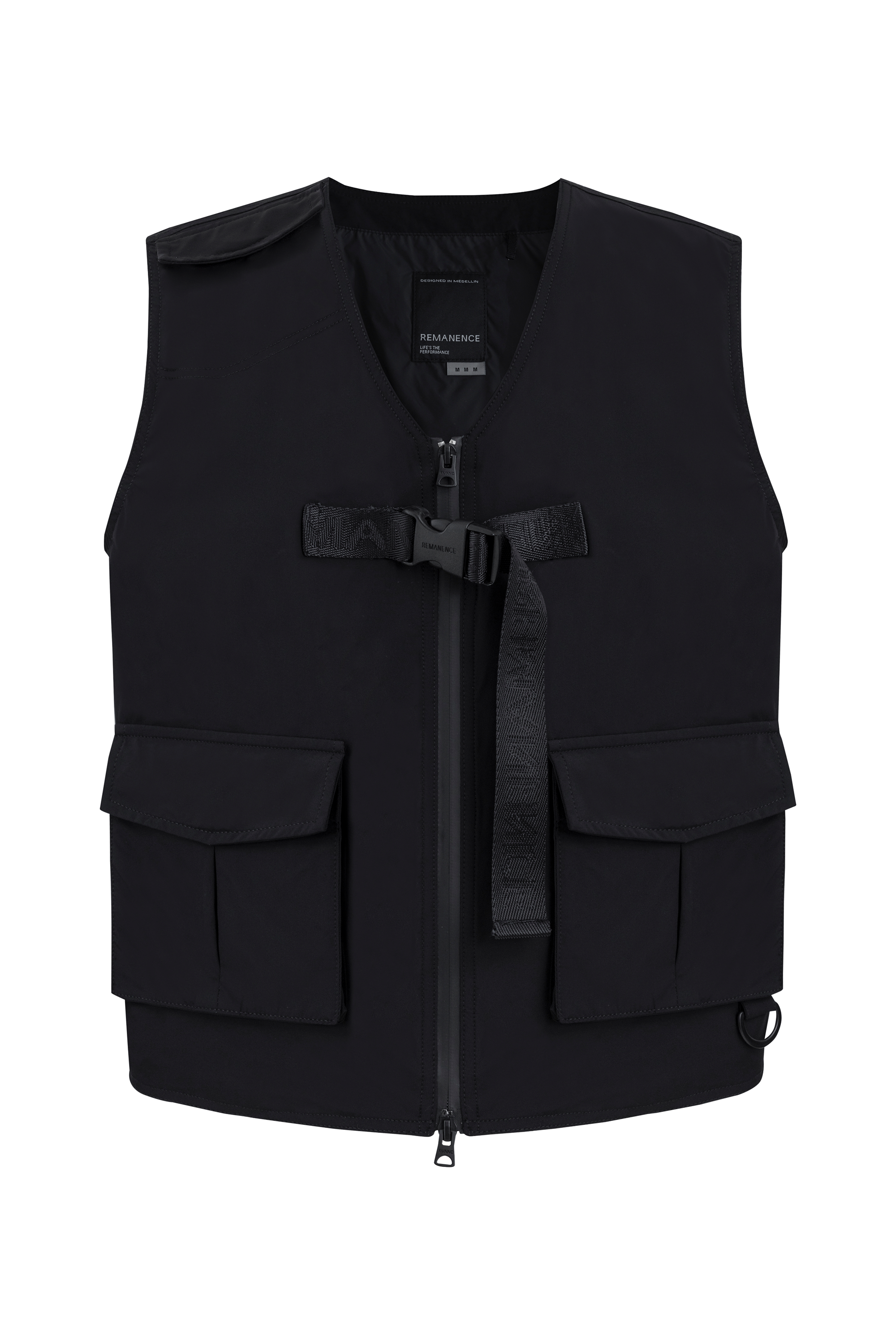 Chaleco negro de silueta boxy con bolsillos utilitarios.