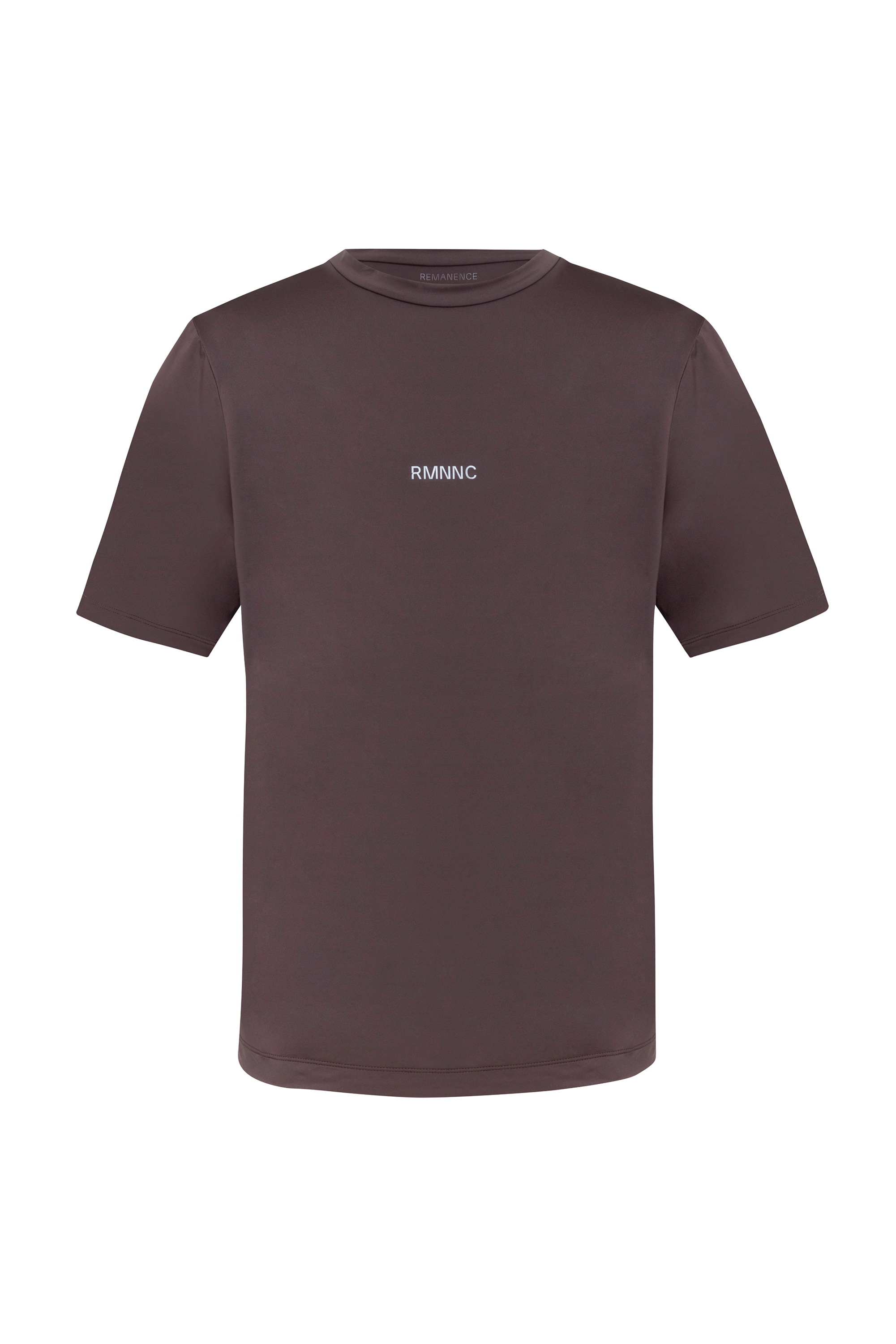 Vista frontal de la camiseta deportiva café para hombre, con logo reflectivo RMNNC en el pecho.