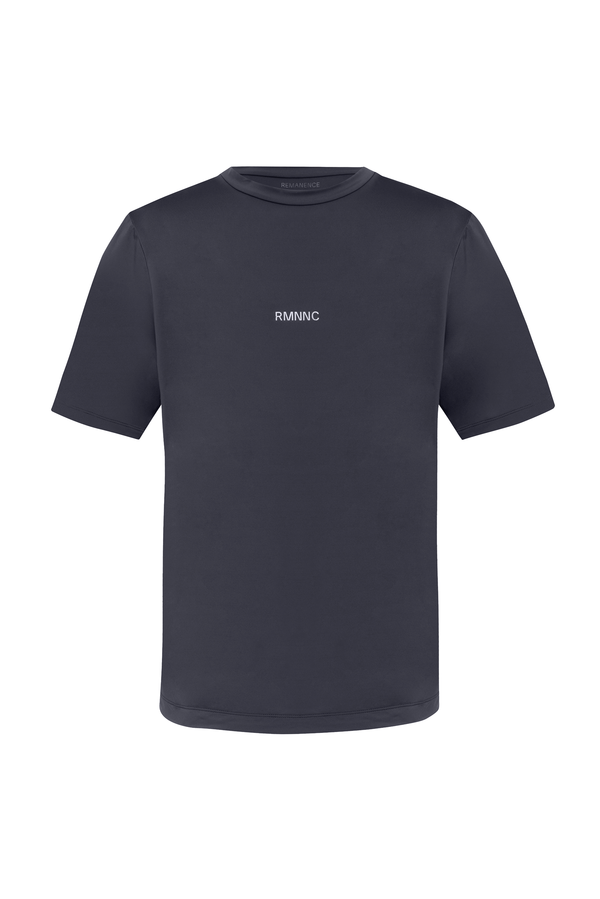 Camiseta deportiva negra para hombre, vista frontal. Corte semi ajustado, con logo RMNNC reflectivo en el pecho.